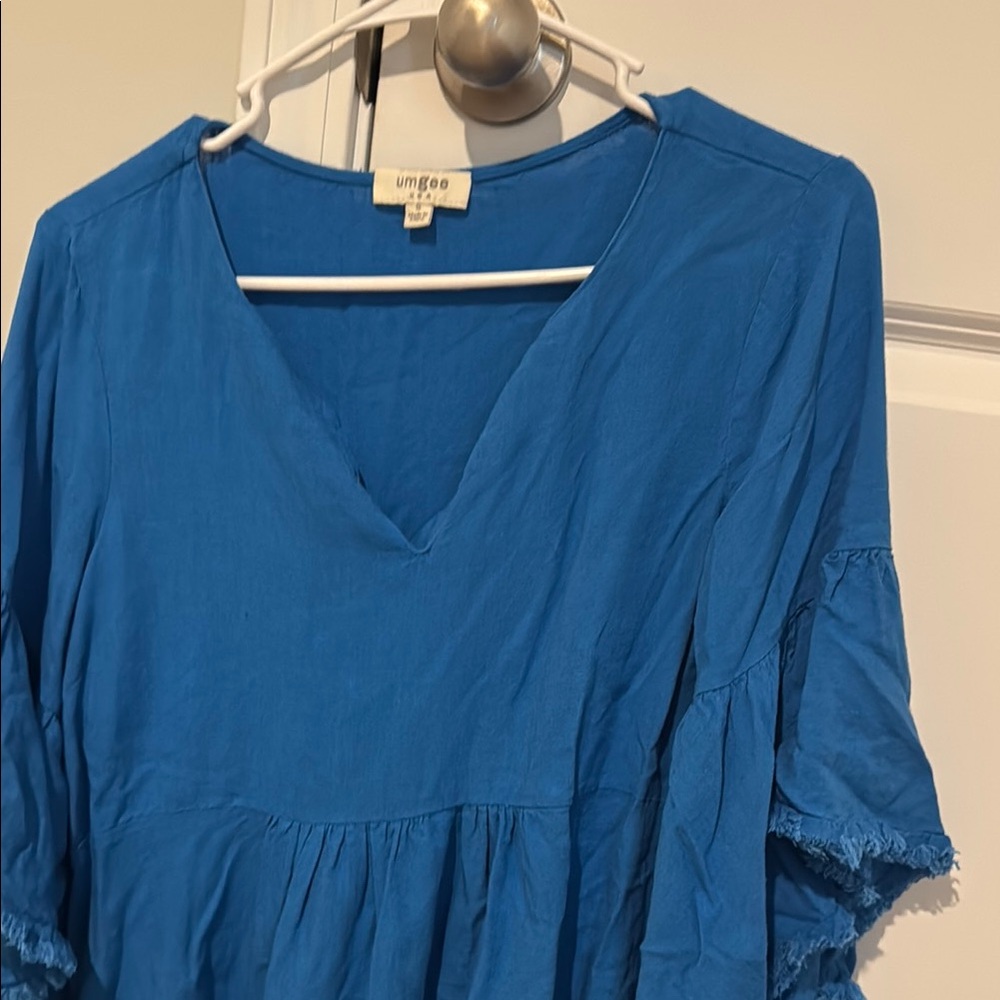 Umgee Blue Ruffled Relaxed Blouse